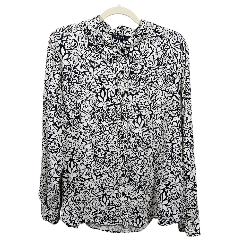 Tribal Women's Blouse Size XL Black White Floral‎ Long Sleeve Button Front NWT